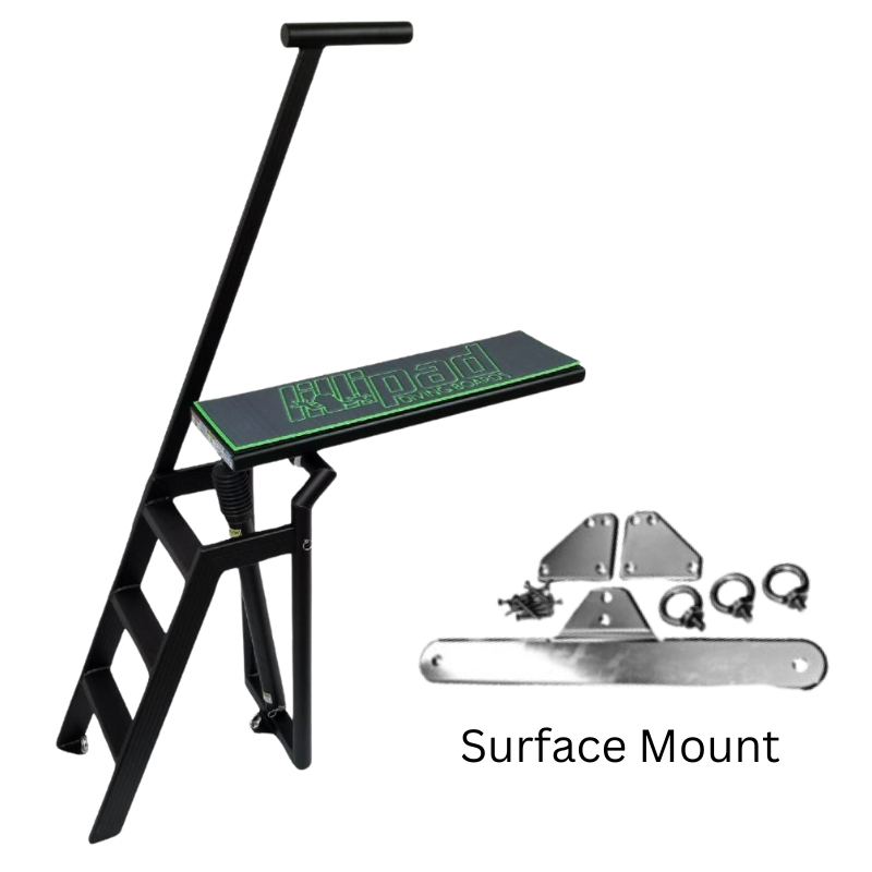 Lillipad Pontoon Diving Board - Black Powder Coat - showing  dark gray and island green board and surface mount kit