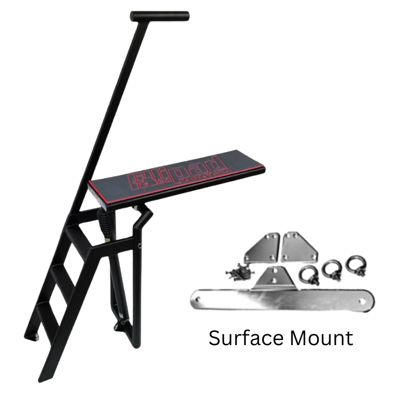 Lillipad Pontoon Diving Board - Black Powder Coat - showing  dark gray and ruby red board and surface mount kit