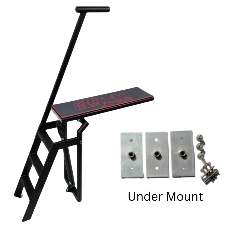 Lillipad Pontoon Diving Board - Black Powder Coat - showing  dark gray and ruby red board and under mount kit