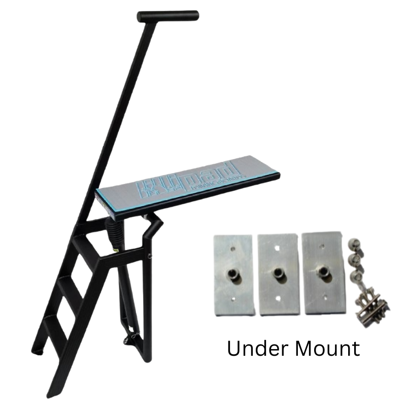 Lillipad Pontoon Diving Board - Black Powder Coat - showing  storm gray and bahama blue board and under mount kit