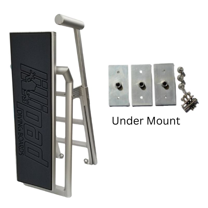 Lillipad Pontoon Diving Board - Silver Anodized - showing dark gray and black board and under mount kit