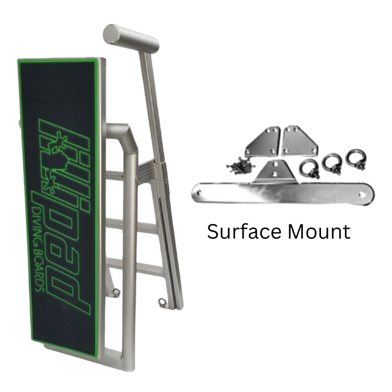 Lillipad Pontoon Diving Board - Silver Anodized - showing dark gray and island green board and surface mount kit