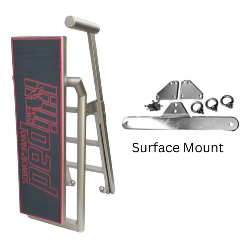 Lillipad Pontoon Diving Board - Silver Anodized - showing dark gray and ruby red board and surface mount kit