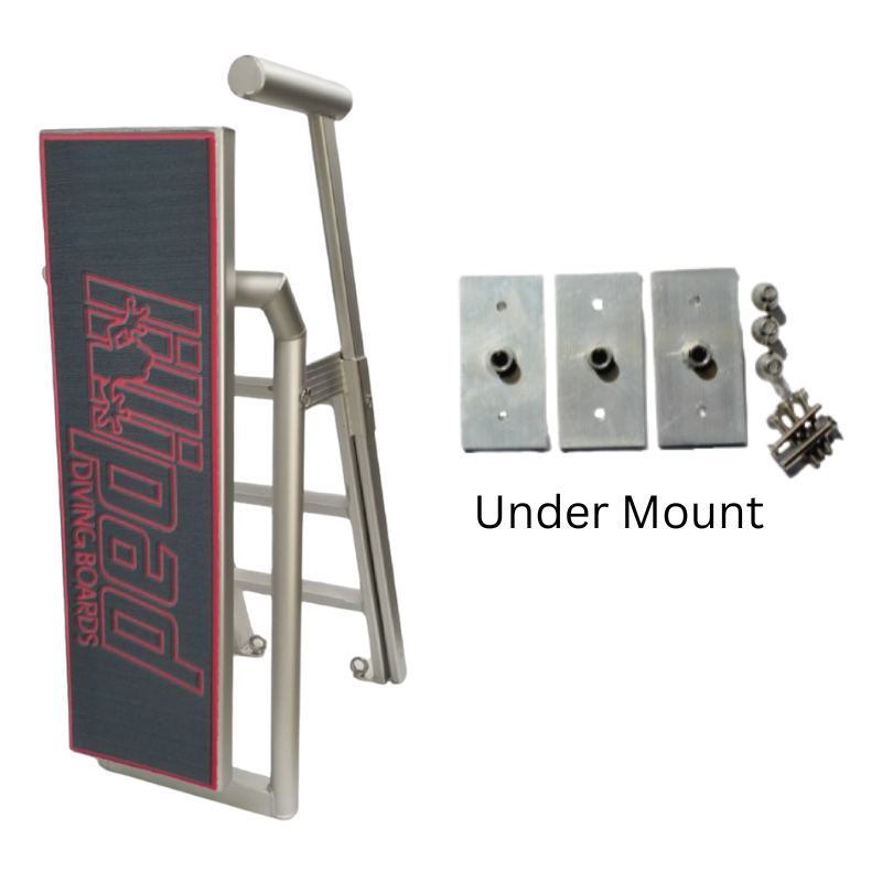 Lillipad Pontoon Diving Board - Silver Anodized - showing dark gray and ruby red board and under mount kit