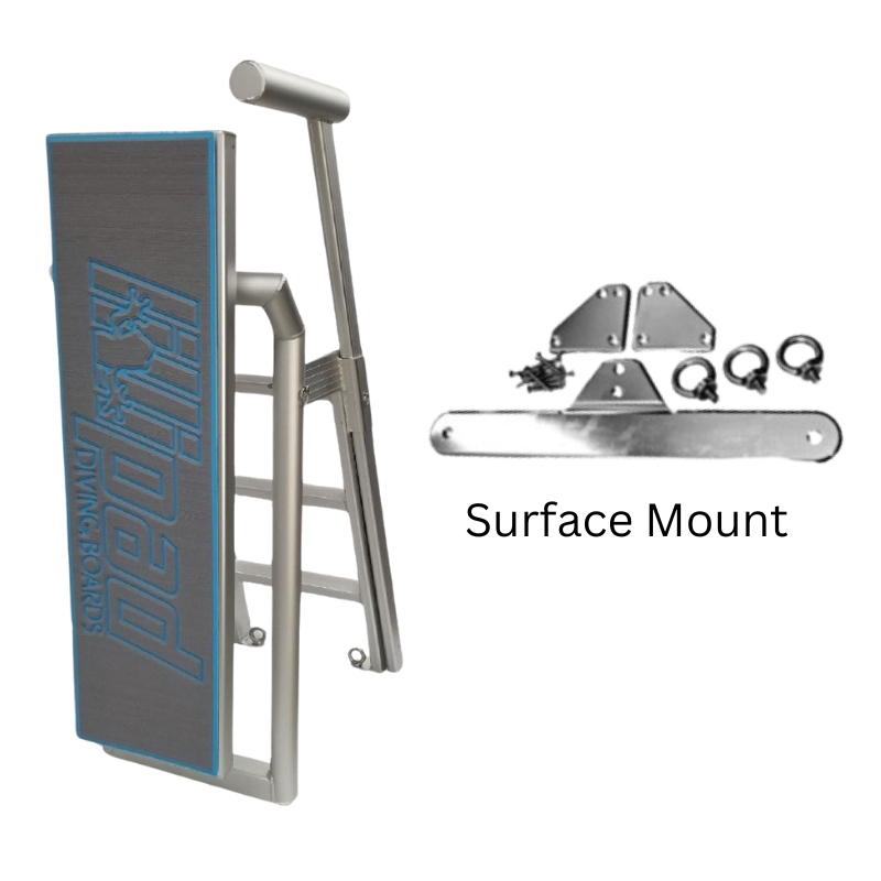 Lillipad Pontoon Diving Board - Silver Anodized - showing storm gray and bahama blue board and surface mount kit