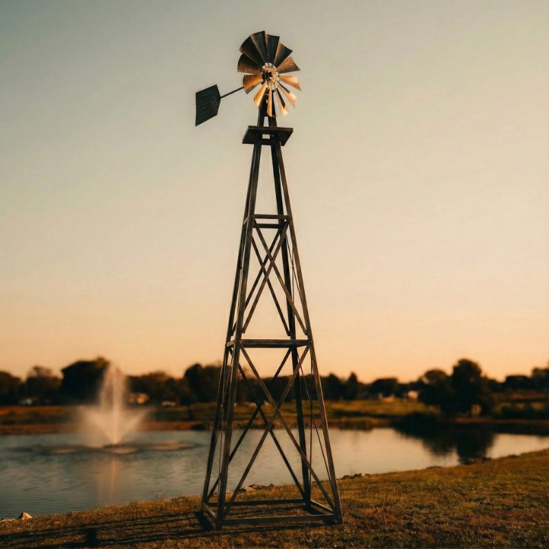Outdoor Water Solutions Decorative Backyard Windmill 11.6 ft bronze color displayed beside a pond at sunset