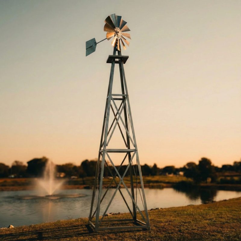 Outdoor Water Solutions Decorative Backyard Windmill 11.6 ft galvanized steel color displayed beside a pond at sunset