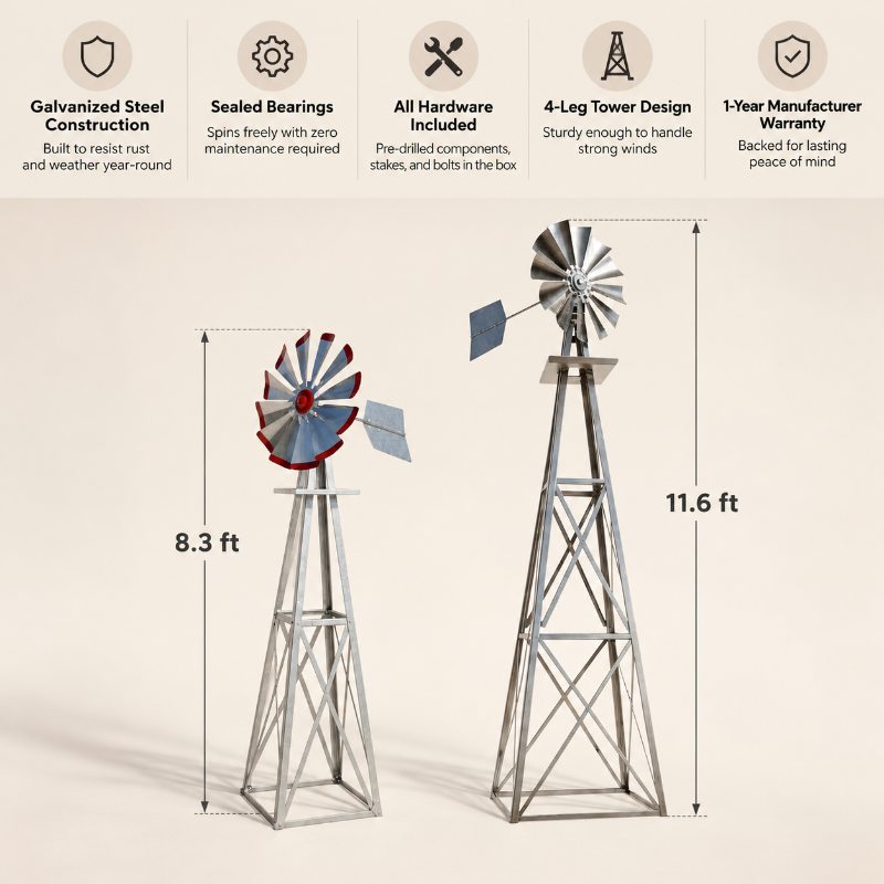 Outdoor Water Solutions Decorative Backyard Windmill features and dimensions showing 8.3 ft and 11.6 ft galvanized steel windmill options