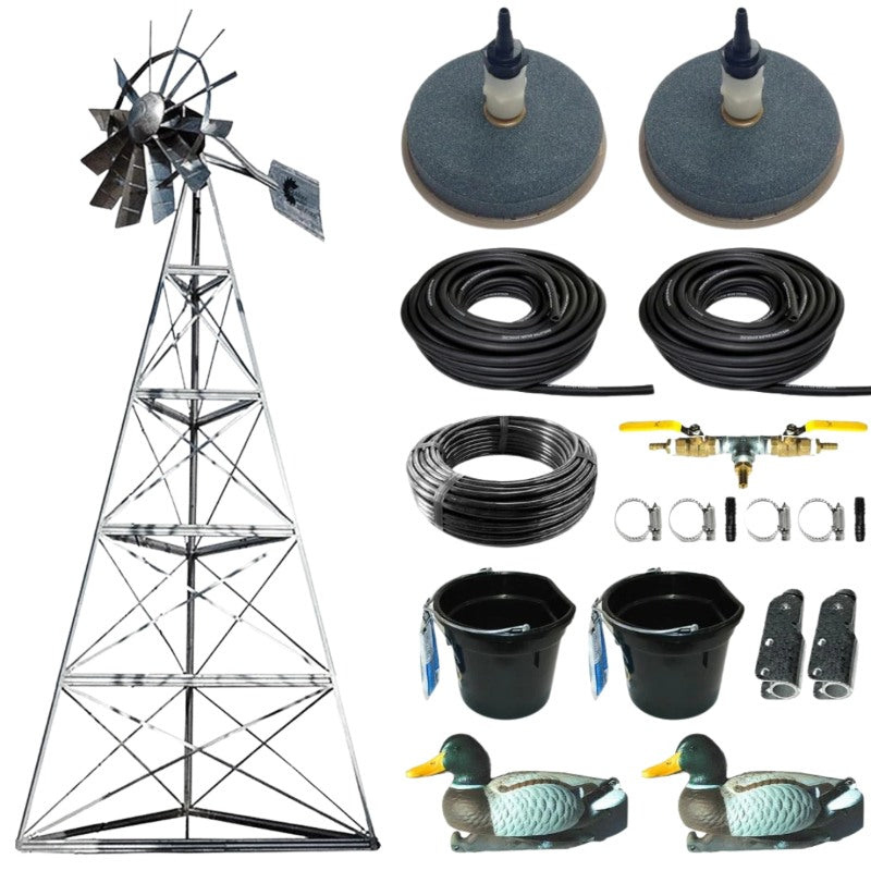 Outdoor Water Solutions Deluxe Windmill Pond Aerator - Full view of the 3 Leg Windmill System with Accessories Included Shown