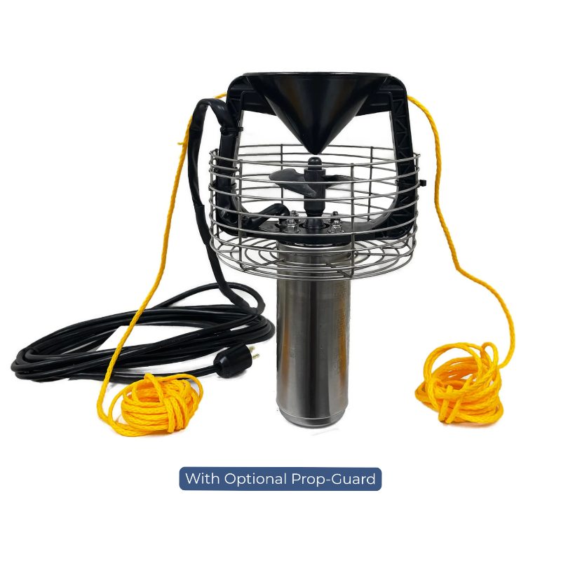 Outdoor Water Solutions Ice-Away de-icer shown with power cord, sling ropes and optional prop guard