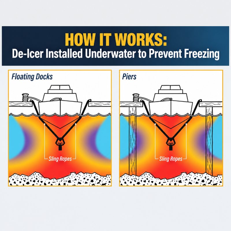 Outdoor Water Solutions Ice-Away installation diagram showing underwater placement with sling ropes beneath floating docks and piers