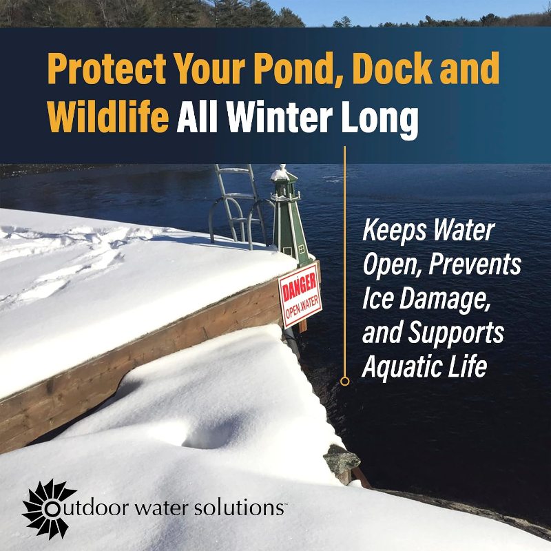 Outdoor Water Solutions Ice-Away keeping water open around a snowy dock to help prevent ice damage and support aquatic life