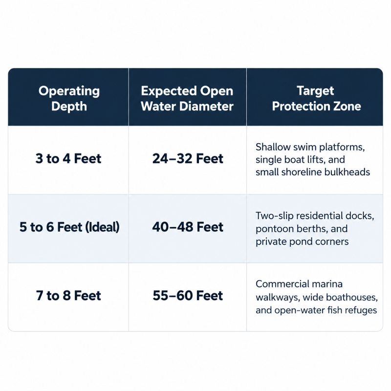 Outdoor Water Solutions Ice-Away operating depth chart showing expected open-water diameter and target protection zones