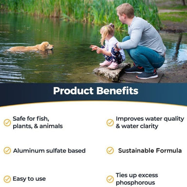 Outdoor Water Solutions Lake and Pond Water Clarifier - Father and daughter with a dog by a pond with product benefits listed below.