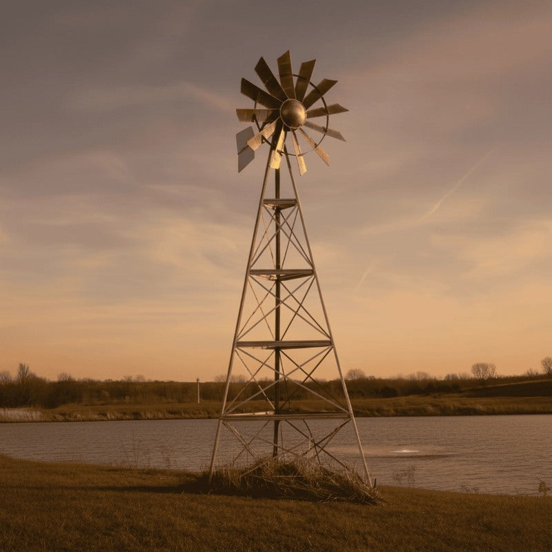 Outdoor Water Solutions Super Premier 3-Leg Windmill Pond Aerator installed beside a pond on a rural property at sunset