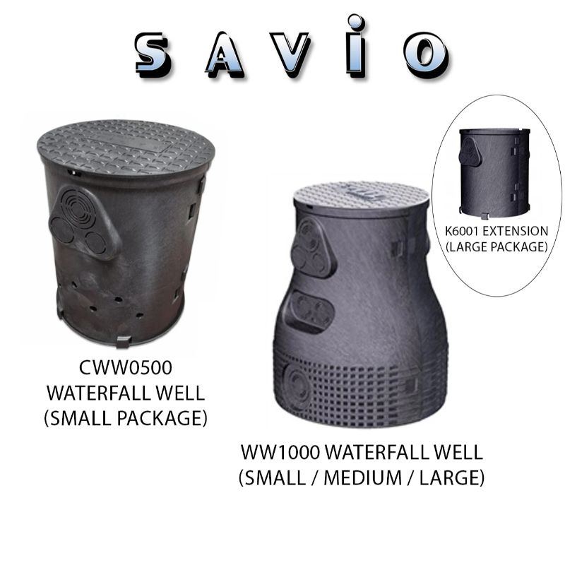 Savio Pond Free Waterfall Packages CWW0500 Waterfall Well, WW1000 Waterfall Well, and K6001 extension for different package sizes