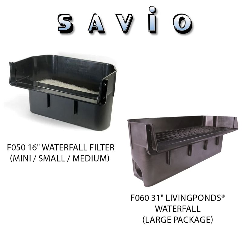 Savio Pond Free Waterfall Packages F050 16-inch waterfall filter for mini, small, and medium packages and F060 31-inch LivingPonds waterfall filter for the large package
