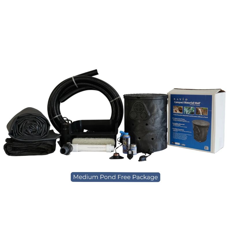 Savio Pond Free Waterfall Packages Medium Pond Free Package with pond liner, tubing, pump, waterfall well, filter media, and accessories
