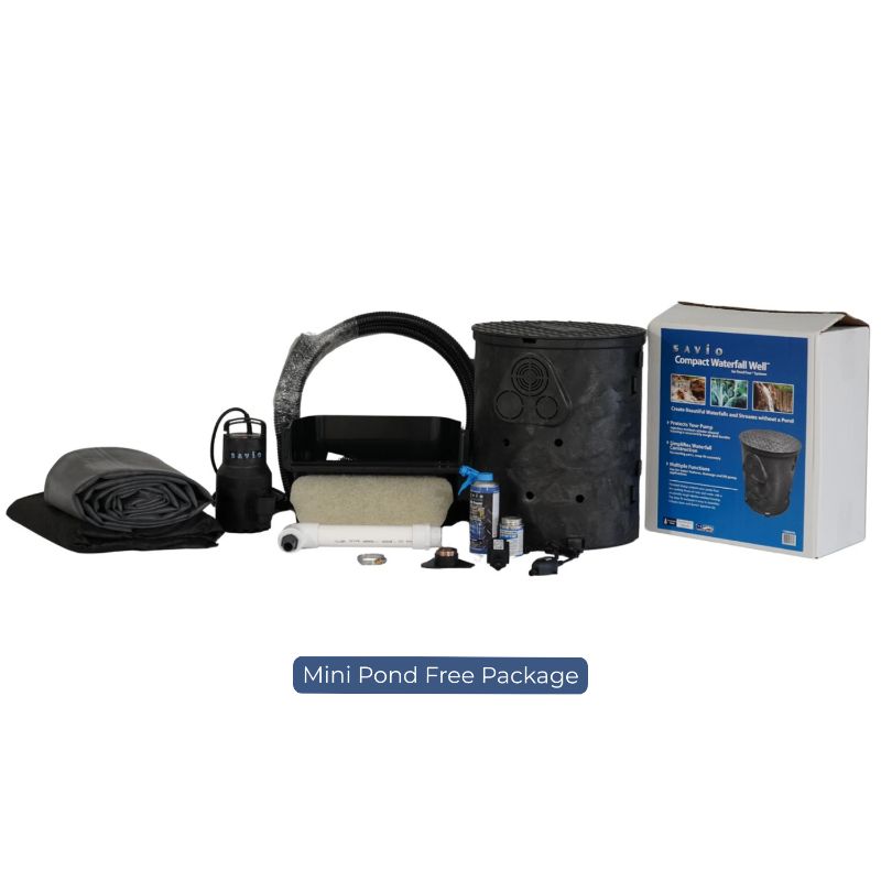 Savio Pond Free Waterfall Packages Mini Pond Free Package with pond liner, pump, tubing, waterfall well, filtration components, and installation accessories