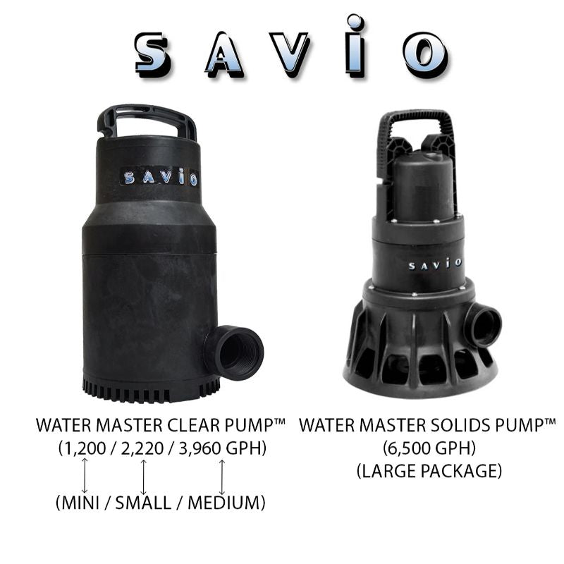 Savio Pond Free Waterfall Packages Savio Water Master Clear Pump options for mini, small, and medium packages and Water Master Solids Pump for the large package