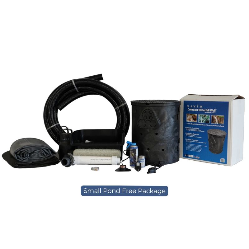 Savio Pond Free Waterfall Packages Small Pond Free Package with liner, flexible tubing, pump, waterfall well, filter media, and installation components