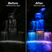 Savio Pond Free Waterfall Packages before and after waterfall lighting comparison showing the cascade without puck lights and illuminated with puck lights