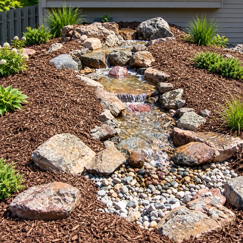Savio Pond Free Waterfall Packages completed backyard pondless waterfall with natural rock edging, pebble streambed, mulch, and landscaping