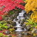 Savio Pond Free Waterfall Packages landscaped rock waterfall surrounded by red and yellow autumn foliage and ferns