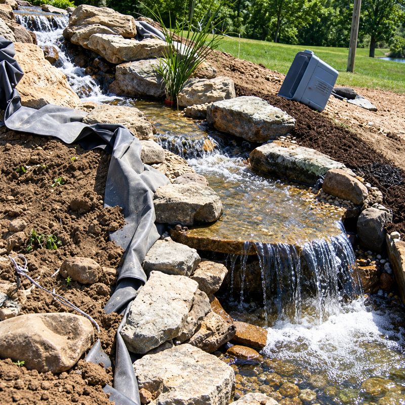 Savio Pond Free Waterfall Packages pondless waterfall installation in progress with exposed liner, rock edging, flowing water, and construction equipment