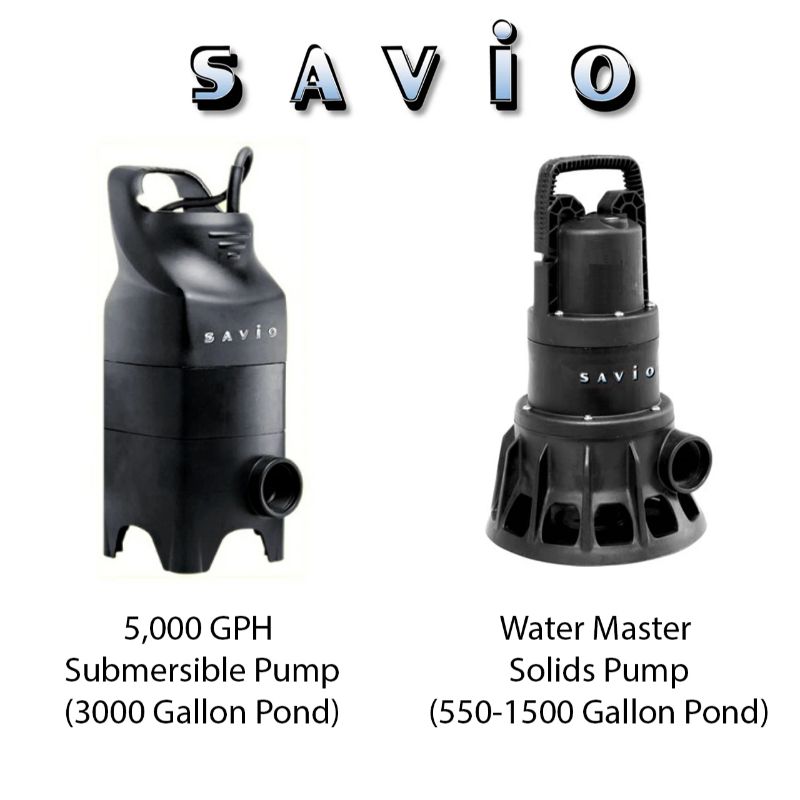 Savio Pond Packages Savio 5,000 GPH submersible pump and Water Master solids pump for different pond sizes
