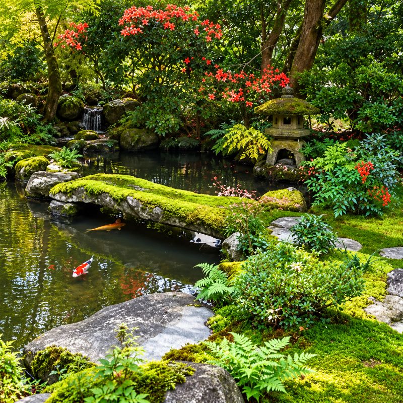 Savio Pond Packages landscaped Japanese-style koi pond surrounded by moss, rocks, flowering plants, and lush greenery