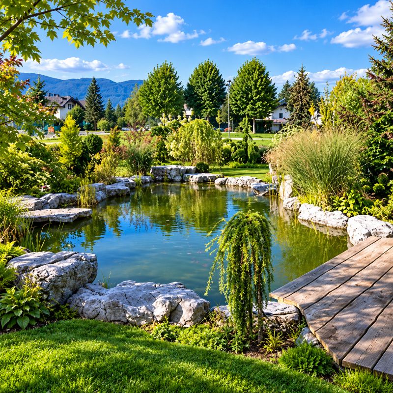 Savio Pond Packages landscaped garden pond with rock edging, clear water, surrounding plants, and mountain views