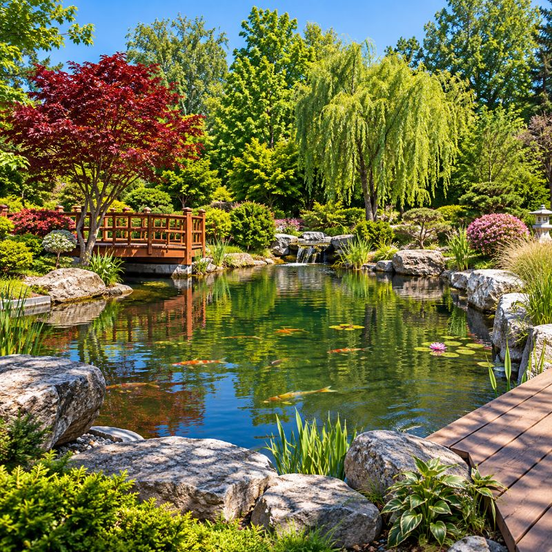 Savio Pond Packages large landscaped koi pond with waterfall, wooden bridge, rocks, trees, and aquatic plants
