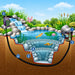 Savio Pond Packages pond filtration cutaway diagram showing skimmer, filter, liner, underlayment, tubing, and pond construction layers