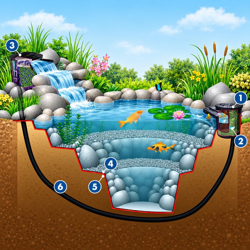 Savio Pond Packages pond filtration cutaway diagram showing skimmer, filter, liner, underlayment, tubing, and pond construction layers