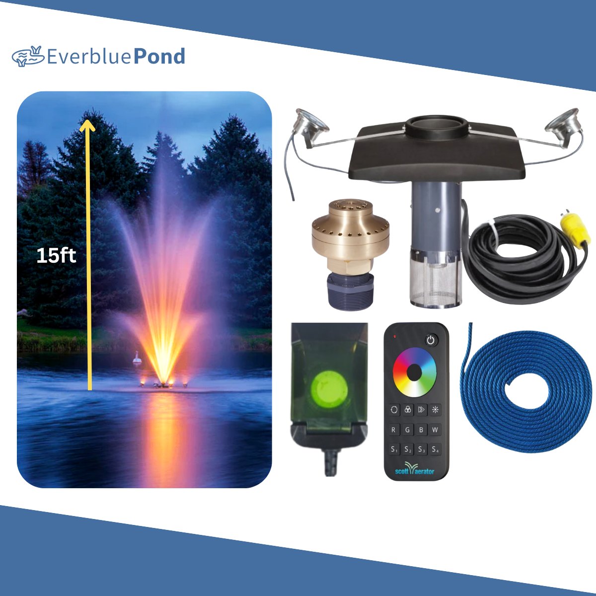 Scott Aerator Amherst Fountain Masterpiece Bundle - 15ft Color Changing Lights 2 Light Sets - Including Float, Lights Timer, Cords, Nozzle, Remote and Mooring Line