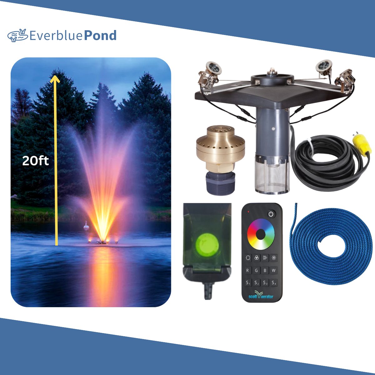 Scott Aerator Amherst Fountain Masterpiece Bundle - 20ft Color Changing Lights 4 Light Sets - Including Float, Lights Timer, Cords, Nozzle, Remote and Mooring Line