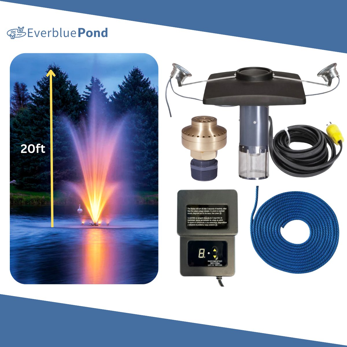 Scott Aerator Amherst Fountain Masterpiece Bundle - 20ft White Lights 2 Light Sets - Including Float, Light Timer, Cords, Nozzle, and Mooring Line