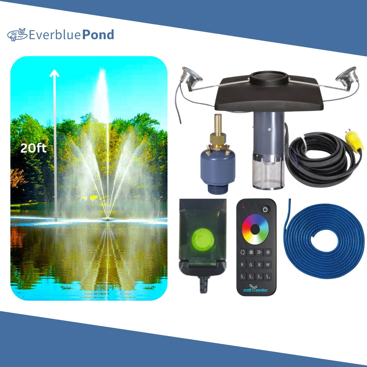 Scott Aerator Clover Fountain Masterpiece Bundle - 20ft Color Changing Lights 2 Light Sets - Including Float, Lights Timer, Cords, Nozzle, Remote and Mooring Line