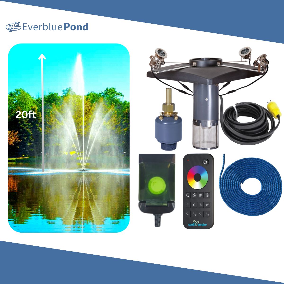 Scott Aerator Clover Fountain Masterpiece Bundle - 20ft Color Changing Lights 4 Light Sets - Including Float, Lights Timer, Cords, Nozzle, Remote and Mooring Line