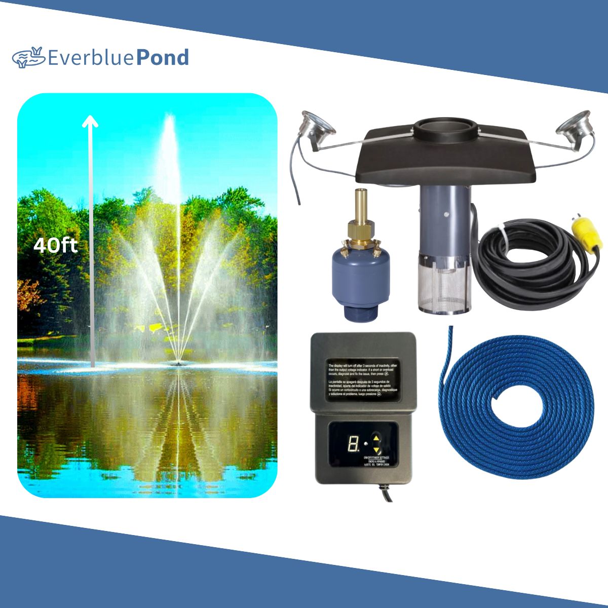 Scott Aerator Clover Fountain Masterpiece Bundle - 40ft White Lights 2 Light Sets - Including Float, Light Timer, Cords, Nozzle, and Mooring Line