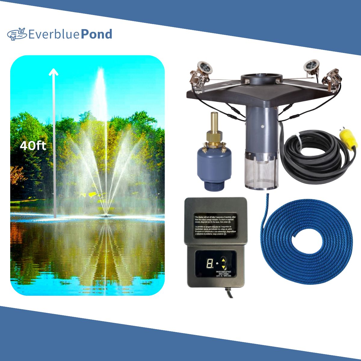 Scott Aerator Clover Fountain Masterpiece Bundle - 40ft White Lights 4 Light Sets - Including Float, Light Timer, Cords, Nozzle, and Mooring Line