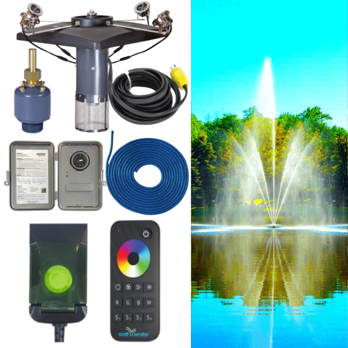 Scott Aerator Clover Fountain Masterpiece Bundle - with all the included pieces for a 4 light color changing set
