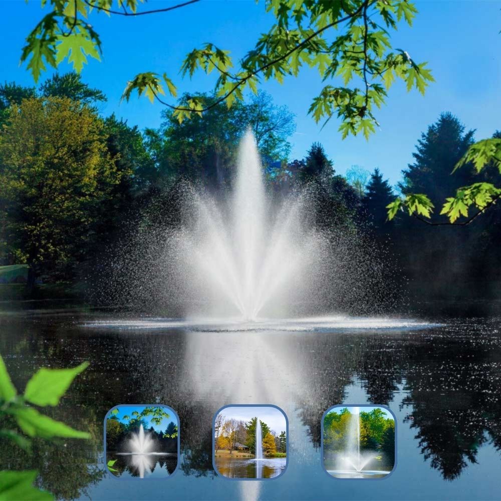 Scott Aerator Triad Pond Fountain - Showing the Three Nozzle Sprays Included, Cambridge, Gusher, and Skyward On Water Display
