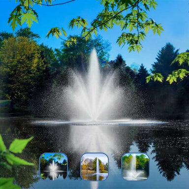 Scott Aerator Triad Pond Fountain - Showing the Three Nozzle Sprays Included, Cambridge, Gusher, and Skyward On Water Display
