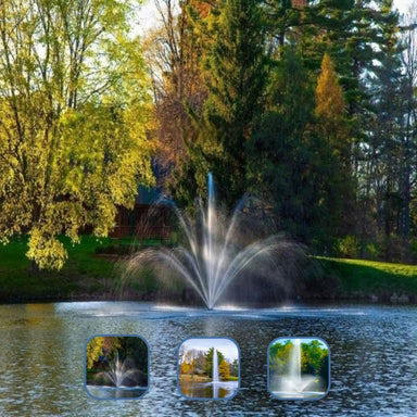 Scott Aerator Triad Pond Fountain - Showing the Three Nozzle Sprays Included, Rosewood, Gusher, and Skyward On Water Display