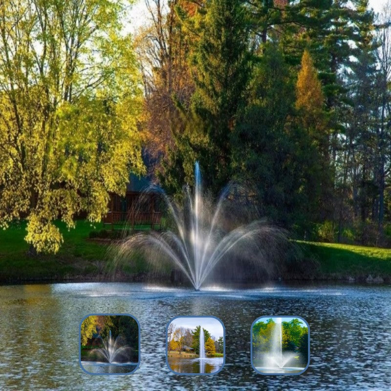 Scott Aerator Triad Pond Fountain - Showing the Three Nozzle Sprays Included, Rosewood, Gusher, and Skyward On Water Display