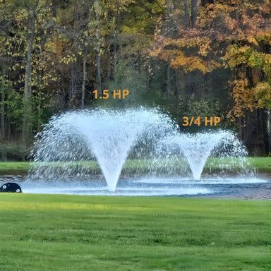 Vanguard Typhoon 3/4 HP Floating Display Aerator Side-by-side display of 1.5 HP and 3/4 HP  pond fountains operating with labels