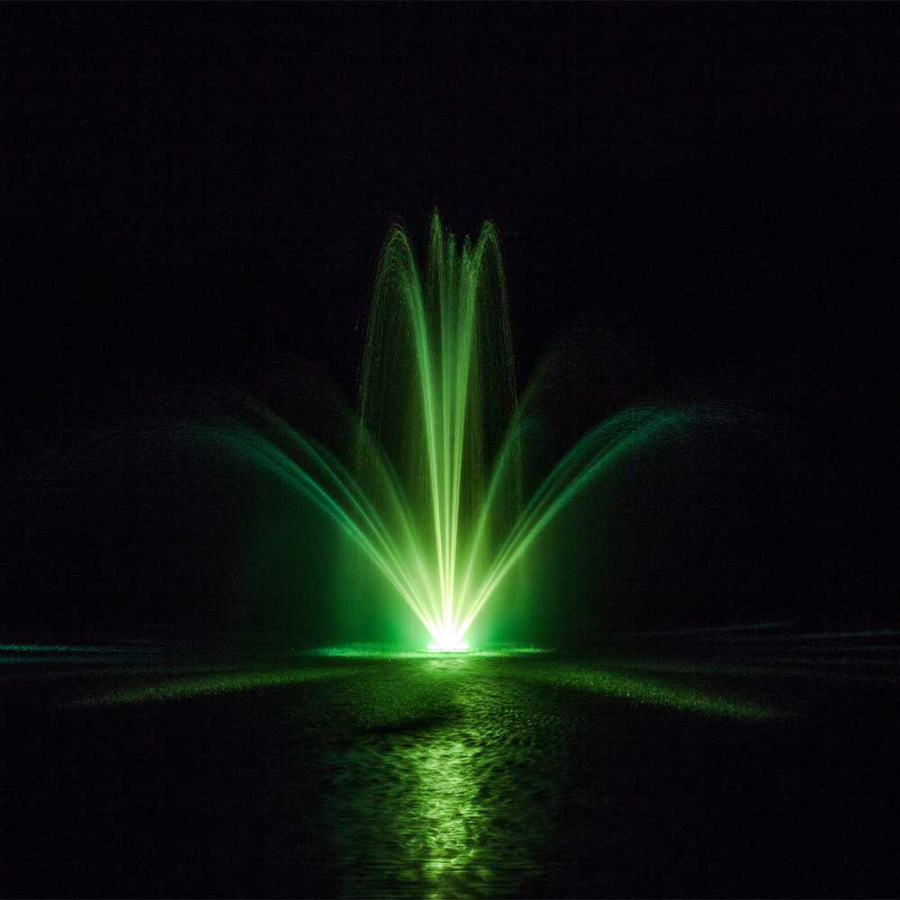 Olympus Fountain Color Changing LED Lights - On Water Display at Night with Green Led Light