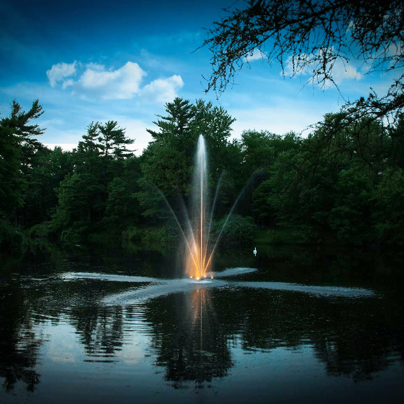 SCOTT AERATOR Clover Fountain - On Water Display with Led Light with Trees at the Background